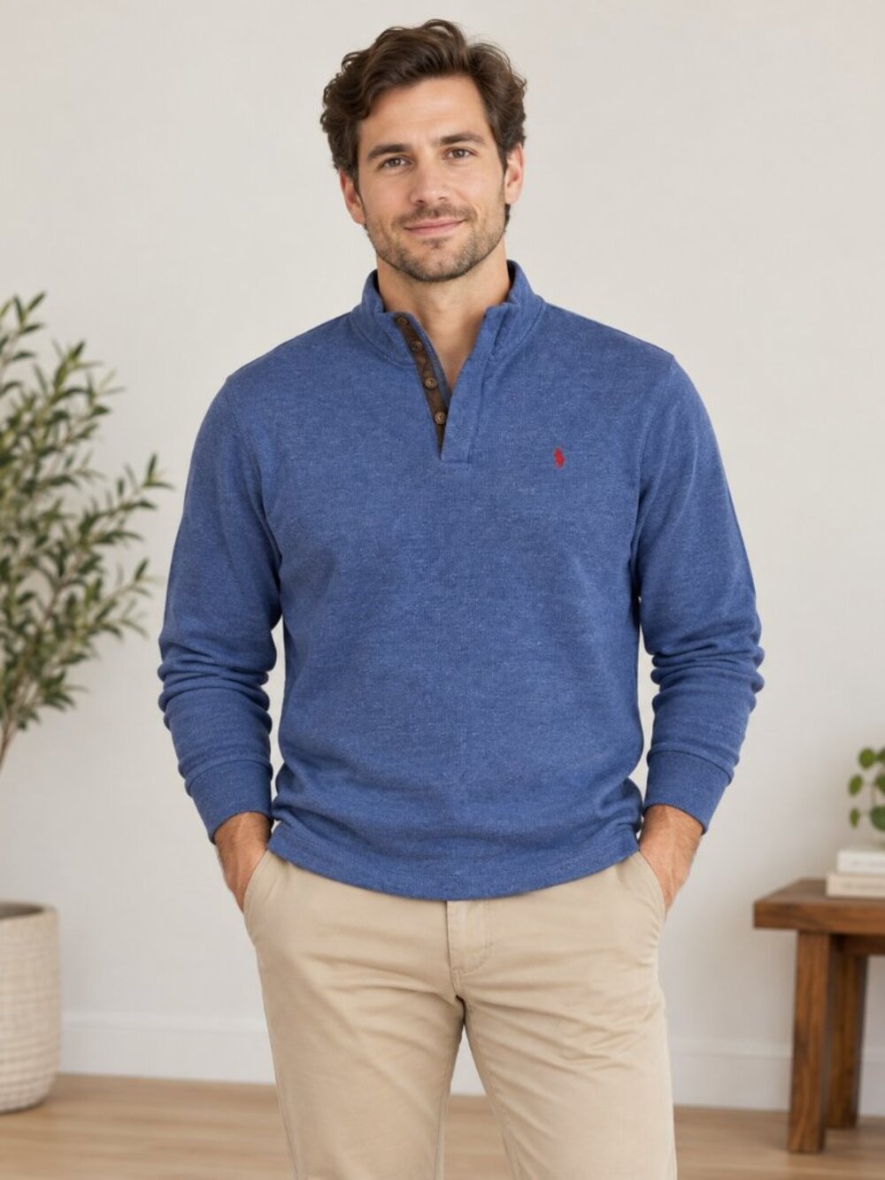 Polo Ralph Lauren Quarter Zip Sweater Sweatshirt Blue Leather Trim Mens M